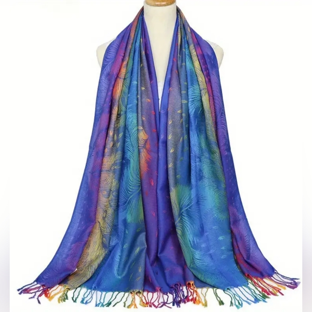 New Colorful Western Blue and Purple Peacock Feather Scarf Dopamine-(#1,417)